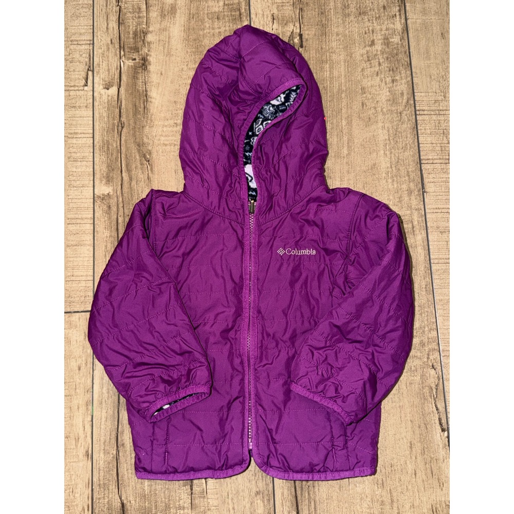 Columbia Kids Reversible Hooded Puffer Jacket Purple Animal Fleece Print